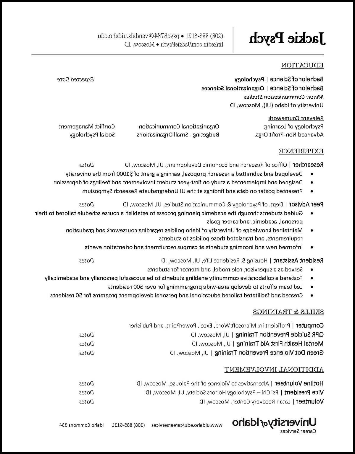 College of Letters, Arts and Social Sciences Sample Resume Preview