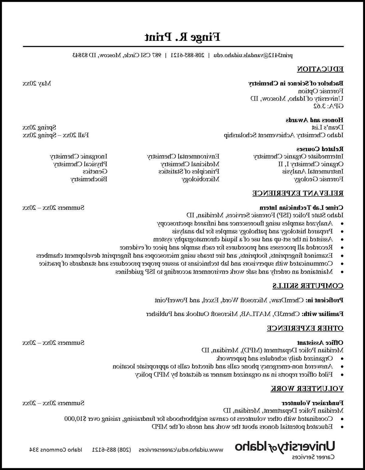 College of Science Sample Resume Preview